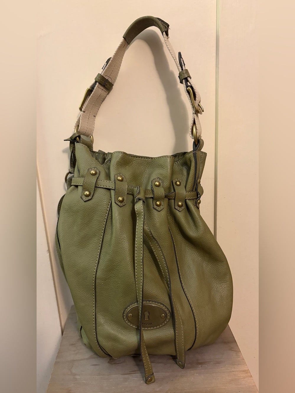 Fossil Long Live Vintage Olive Green Leather Drawstring Bucket Bag